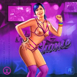 bare_shoulders blue_hair cleavage dancing edit erect_nipples female_only femsub grand_theft_auto grand_theft_auto_v gtauto-x hand_on_hip long_hair necklace rockstar_games small_breasts solo text thighhighs tracey_de_santa