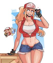 baseball_cap blonde_hair blue_eyes booty_shorts burger cap crop_top cropped_jacket fatal_fury female_terry fingerless_gloves king_of_fighters loggus_doggus long_hair ponytail rule_63 shorts snk tan tanline terry_bogard