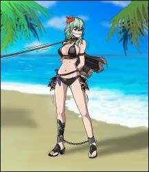 1girls alternate_costume arms_behind_back bare_legs beach bikini black_bikini black_swimsuit bondage breasts byleth_(fire_emblem) byleth_(fire_emblem)_(female) byleth_(summer)_(fire_emblem)_(female) capelet chains cleavage collar enlightened_byleth_(female) female female_only femsub fire_emblem fire_emblem:_three_houses fire_emblem_heroes flower gag green_eyes green_hair hair_flower hibiscus high_heels just_some_guy knife large_breasts leash legs medium_hair motion_lines nintendo ocean official_alternate_costume outdoors palm_tree red_flower sandals sideboob solo swimsuit tree weapon