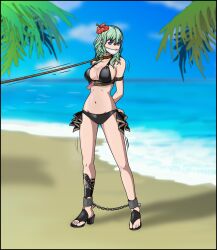 1girls alternate_costume arms_behind_back bare_legs beach bikini black_bikini black_swimsuit bondage breasts byleth_(fire_emblem) byleth_(fire_emblem)_(female) byleth_(summer)_(fire_emblem)_(female) chains cleavage collar enlightened_byleth_(female) female female_only femsub fire_emblem fire_emblem:_three_houses fire_emblem_heroes flower gag green_eyes green_hair hair_flower hibiscus high_heels just_some_guy large_breasts leash legs medium_hair motion_lines nintendo ocean official_alternate_costume outdoors palm_tree red_flower sandals sideboob solo swimsuit tree