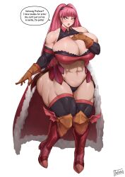 ass batako breast_suppress breasts cleavage denial dialogue english_text female fire_emblem fire_emblem:_three_houses hilda_valentine_goneril huge_ass huge_breasts long_hair muscular muscular_female pink_eyes pink_hair ponytail source_request text thick_thighs thong thunder_thighs venus_body