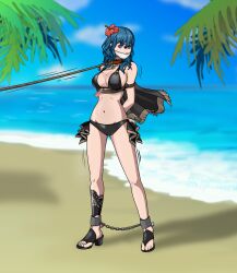 1girls alternate_costume arms_behind_back bare_legs beach bikini black_bikini black_swimsuit blue_eyes bondage breasts byleth_(fire_emblem) byleth_(fire_emblem)_(female) byleth_(summer)_(fire_emblem)_(female) capelet chains cleavage collar female female_only femsub fire_emblem fire_emblem:_three_houses fire_emblem_heroes flower gag hair_flower hibiscus high_heels just_some_guy large_breasts leash legs medium_hair nintendo ocean official_alternate_costume outdoors red_flower sandals sideboob solo swimsuit teal_hair