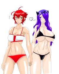 ahoge bikini breasts camilla_(fire_emblem) fire_emblem fire_emblem_fates hair_covering_eye hand_holding heart hinoka_(fire_emblem) huge_breasts kamui_(artist) looking_at_another purple_eyes purple_hair red_eyes red_hair