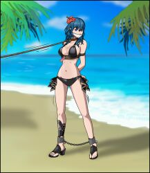 1girls alternate_costume arms_behind_back bare_legs beach bikini black_bikini black_swimsuit blue_eyes bondage breasts byleth_(fire_emblem) byleth_(fire_emblem)_(female) byleth_(summer)_(fire_emblem)_(female) chains cleavage collar female female_only femsub fire_emblem fire_emblem:_three_houses fire_emblem_heroes flower gag hair_flower hibiscus high_heels just_some_guy large_breasts leash legs medium_hair nintendo ocean official_alternate_costume outdoors red_flower sandals sideboob solo swimsuit teal_hair