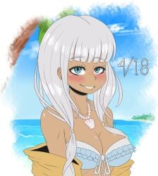 2020 beach big_breasts bikini bikini_top blue_eyes blush breasts danganronpa danganronpa_s:_ultimate_summer_camp danganronpa_v3 dark-skinned_female dark_skin female_only jacket large_breasts long_hair necklace palm_tree ponytail ponytails sea seaside shell sky smile smooth_skin tanned tanned_female tanned_skin white_hair yonaga_angie young_savage