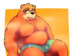 2022 anthro balls barely_visible_balls barely_visible_genitalia belly blush bodily_fluids bulge eyewear genitals glasses kemono lifewonders male mammal moobs nipples orange_body overweight overweight_male sitting solo sweat tokyo_afterschool_summoners torausimuma7 towel ursid video_games volos