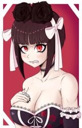 angry black_hair blush breasts celestia_ludenberg cleavage danganronpa danganronpa:_trigger_happy_havoc danganronpa_1 female female_focus female_only large_breasts red_background red_eyes straight_hair young_savage