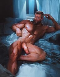 1boy abs balls ballsack bara beard blue_eyes body_hair brown_hair facial_hair foreskin human intact laying_on_bed looking_at_viewer male male_nipples male_only male_pubic_hair muscles muscular_male partially_retracted_foreskin pecs penis posing qai_san scrotum semi-erect solo testicles uncut unnamed_character veiny_penis