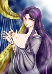 1girls big_nipples black_hair breasts busty harp human long_hair pale-skinned_female pale_skin pandora_(saint_seiya) saint_seiya shounen_jump showing_breasts smile solo specters villainess