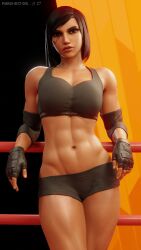 1girls 3d abs black_hair blender boxing_ring bra brown_eyes clothing dark-skinned_female dark_skin female female_only fingerless_gloves fully_clothed gloves high_resolution looking_at_viewer muscle muscular_female overwatch pharah pharah-best-girl self_upload solo sports_bra sports_uniform