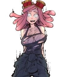 big_breasts breasts dizzy female goggles goggles_on_head immisterplow mei_hatsume mrplow34 my_hero_academia pink_hair ripped_clothing spiral_eyes tagme white_background