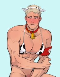 1boy abs arm_band arms_crossed attack_on_titan bara bara_tiddies bara_tits barely_clothed beard_stubble big_breasts big_pecs blonde_hair blue_background blue_eyes blush broad_shoulders collar color colored cow_bikini cow_boy cow_clothing cow_costume cow_ears cow_horns cow_print cow_print_bikini cowbell eldian_armband eldian_flag embarrassed facial_hair holding_arm looking_away male male_only male_pubic_hair man_boobs muscles muscular_male narrow_hips narrow_waist nipples_visible_through_clothing no_sex no_visible_genitalia open_mouth pecs pectoral_cleavage pectoral_focus pectorals reiner_braun simple_background sitting slouching smooth_skinned_male solo tan_skin