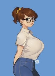 big_breasts blush blush_lines blushing blushing_at_viewer breasts brown_eyes brown_hair female glasses jeans ponytail shirt short_sleeves snowcie snowciel tagme