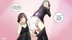 2girls blush diaper makoto_niijima multiple_girls pants_pulled_down persona persona_5 print_diaper sae_niijima sisters sketchmandl text