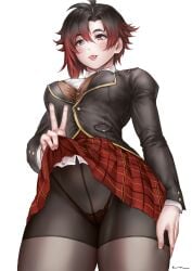 1girls ahoge black_hair breasts female female_only fully_clothed lingerie low-angle_view panties pantyhose peace_sign prinzkuon red_hair red_highlights ruby_rose rwby school_uniform schoolgirl short_hair silver_eyes skirt solo solo_female thighhighs tongue_out