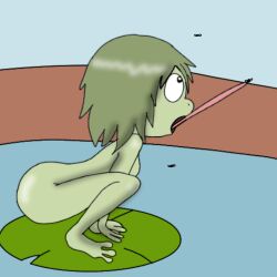 ass eating frog green_body lake long_tongue looking_pleasured naked original_character shiny_skin smaller_female solo spanky15 squatting younger_female