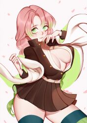 anntan-desu big_breasts blush braided_hair demon_slayer female female_only fully_clothed green_eyes haori kanroji_mitsuri kimetsu_no_yaiba long_hair miniskirt mole_under_eye no_bra open_shirt pale-skinned_female pale_skin pink_hair pleated_skirt revealing_clothes smile solo thick_thighs thighhighs two_tone_hair uniform