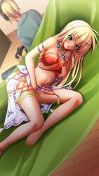 1boy armlet barefoot between_legs blonde_hair breasts cleavage dark-skinned_female dark_skin doukyuusei_another_world female female_masturbation game_cg green_eyes hand_between_legs jewelry kakyuusei long_hair lying masturbation medium_breasts midriff necklace on_side sarong self_fondle shiny shiny_hair stealth_masturbation stomach straight_hair strapless thighlet tina_(kakyuusei) very_long_hair