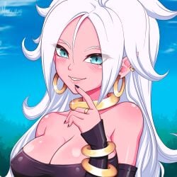 1girls android_21 android_21_(good) bare_shoulders big_breasts bio-android_(dragon_ball) black_fingernails blue_eyes blush bracelet breasts cleavage dragon_ball dragon_ball_fighterz earrings eyebrows_visible_through_hair eyelashes_visible_through_hair female female_only fingernails huge_breasts large_breasts long_ears long_hair looking_at_viewer majin_android_21 meru_rumi necklace pink_body pink_skin pointy_ears shounen_jump smile solo white_eyebrows white_hair