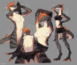 2022 anthro bebebebebe biped black_body bodily_fluids bottomwear bottomwear_down breasts clothed clothing digital_media_(artwork) female genitals grey_background grey_body hair hi_res lizard multicolored_body nipples orange_body orange_eyes orange_hair pants pants_down partially_clothed pussy reptile scalie simple_background sniffe_(bebebebebe) solo sweat white_body