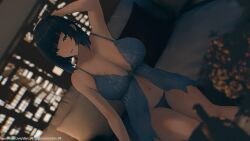 1girls 3d aether_(genshin_impact) alternate_costume animated arm_behind_head arm_up armpits asymmetrical_hair babydoll bangs bare_arms blue_panties blunt_bangs blurry blurry_background blurry_foreground blush breasts cleavage dan-98 dark_room diagonal_bangs dutch_angle genshin_impact gif green_eyes hi_res highres large_breasts light-skinned_female light_skin lingerie looking_at_viewer mole mole_on_breast navel panties patreon_logo patreon_username pixiv_logo pixiv_username short_hair sidelocks smile solo spaghetti_strap thick_thighs thighs ugoira underwear video wide_hips yelan_(genshin_impact)