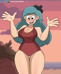 1girls absurd_res aged_up background beach beret big_breasts blue_hair blush cyan_hair female female_only hilda_(hilda) hilda_(series) long_hair netflix phamthomstrikerx png smile surprised swimsuit tagme thick_thighs