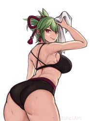 1girls 2022 allanel ass back_view drying female female_only genshin_impact green_hair hi_res kuki_shinobu looking_at_viewer looking_back purple_eyes slit_pupils solo solo_female sweat thick_thighs tied_hair topwear towel underwear white_background