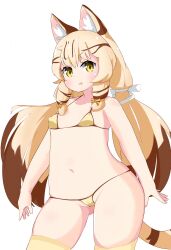 1girls bikini blonde_hair cameltoe cat_ears cat_tail catgirl erect_nipples_under_clothes flat_chest flat_chested geoffroy's_cat_(kemono_friends) hair_ornament hair_ribbon kemono_friends micro_bikini mihihusuzu nipples_visible_through_clothing small_breasts swimsuit third-party_edit twintails yellow_eyes