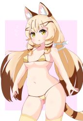 bikini blonde_hair cat_ears cat_tail catgirl erect_nipples_under_clothes geoffroy's_cat_(kemono_friends) hair_ornament hair_ribbon kemono_friends micro_bikini mihihusuzu nipples_visible_through_clothing swimsuit twintails yellow_eyes