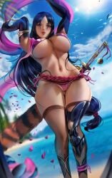 armlet armpits arms_up ass_visible_through_thighs bangs bare_shoulders beach big_ass big_breasts bikini black_gloves blue_sky blurry blurry_background blush breasts choker cleavage curvy elbow_gloves eyepatch_bikini fat_ass fate/grand_order fate_(series) female fingerless_gloves gloves highres hourglass_figure huge_ass huge_breasts katana large_ass large_breasts long_hair looking_at_viewer minamoto_no_raikou_(fate) minamoto_no_raikou_(swimsuit_lancer)_(fate) navel parted_bangs parted_lips purple_bikini purple_eyes purple_hair rope sash shore sky solo swimsuit sword thick_ass thick_thighs thighs underboob very_long_hair voluptuous weapon wide_hips wulben