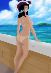 ass black_hair cowboy_hat female female_only hat nico_robin nude one_piece pre-timeskip sea sweat xentaix