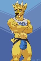 1boy absurd_res anthro brown_eyes bulge casparr cervid cervine clothing crop_top crossed_arms dj_strap fangs fur hi_res horn jockstrap male male_only mammal muntjac muscular shirt solo text text_on_clothing text_on_topwear topwear underwear yellow_body yellow_fur