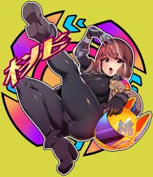 black_rubber_suit peace_sign peachjars slugbox tagme tagme_(artist) tongue_out yellow_helmet