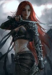 1girls abs athletic athletic_female big_ass big_breasts cleavage clothing female female_only katarina_du_couteau league_of_legends light-skinned_female midriff nixeu painting_(artwork) realistic red_hair solo