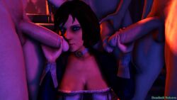 1girls 3boys 3d big_breasts bioshock bioshock_infinite blue_eyes bolero breasts busty cleavage clothed_female_nude_male corset deadboltreturns elizabeth_comstock female female_focus foursome handjob nude nudity penis tagme unseen_male_face