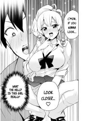 bent_knees blush hajimete_no_gal hashiba_junichi large_breasts manga official_art school_uniform schoolgirl_uniform seducing seductive seductive_eyes seductive_smile skirt socks teenage teenage_boy teenage_girl teenager tongue tongue_out uniform yame_yukana