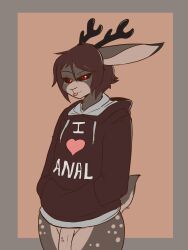 3:4 absurd_res anthro black_sclera blep bottomless brown_hair clothed clothing english_text fur furry furry_only genitals hair hands_in_both_pockets heart hi_res hoodie horn hybrid lagomorph looking_at_viewer male male_only mammal penis portrait red_eyes short_hair solo tail text the_man three-quarter_portrait tongue tongue_out topwear