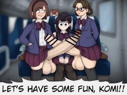 2futas 2girls balls big_balls big_penis black_hair blush bottomless breasts brown_hair censored clothed clothing dialogue erection erection_under_clothes erection_under_skirt female foreskin futanari glasses huge_cock human imminent_rape imminent_sex katou_mikuni komi-san_wa_komyushou_desu komi_shouko light-skinned_female light-skinned_futanari light_skin long_hair mostly_clothed nervous ngnb penis pubic_hair_in_foreskin rape_face sasaki_ayami school_uniform smile standing stray_pubic_hair text tongue_out train train_interior uncut veiny_penis yamai_ren