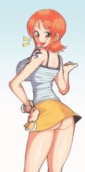 1girls big_breasts breasts clothing female female_only going_commando inkuusan large_breasts looking_at_viewer looking_back nami no_panties one_piece open_mouth shirt skirt smile solo thick_thighs