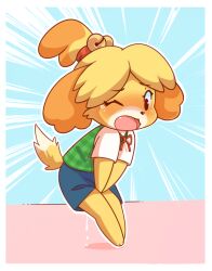 2019 :3 ancesra animal_crossing animal_ears animal_nose bangs barefoot bell between_legs blonde_hair blue_background blush body_fur border brown_eyes commission commissioner_upload dog_ears dog_girl dog_tail embarrassed emphasis_lines female flat_chest full_body furry furry_female green_vest hair_bell hair_ornament hair_tie hand_between_legs isabelle_(animal_crossing) jingle_bell legs_together looking_down neck_ribbon nintendo non-web_source nose_blush oerba_yun_fang one_eye_closed open_mouth outline own_hands_together parted_bangs plaid plaid_vest pussy_juice red_ribbon remote_control_vibrator ribbon sex_toy shirt short_hair short_sleeves simple_background solo source_request standing surprised tail tears topknot two-tone_fur v_arms vest vibrator vibrator_under_clothes white_border white_fur white_outline white_shirt wince yellow_fur