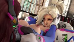 2girls 3d animated areola cunnilingus d.va duo duo_focus exposed_breasts female female_only hi_res highres landing_strip large_breasts light-skinned_female light_skin mercy nipples no_sound oral overwatch short_playtime toasted_microwave video yuri