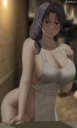 1girls apron apron_only attack_on_titan big_breasts black_hair blush brown_eyes carla_jaeger cleavage curvy curvy_figure female female_only hi_res highres indoors large_breasts mature_female milf savagexthicc shingeki_no_kyojin solo solo_female thick voluptuous wide_hips