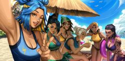 beach bikini group_picture jett_(valorant) killjoy_(valorant) ling_ying_wei neon_(valorant) raze_(valorant) reyna_(valorant) sage_(valorant) selfie umbrella valorant