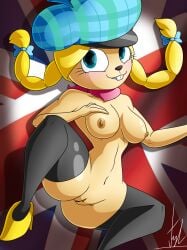 anthro blonde_hair blue_eyes breasts buckteeth cartoon_network clothed clothing eurotrish female flag flag_(object) footwear foster's_home_for_imaginary_friends genitals hair hat headgear headwear hi_res imaginary_friend lechugansfw legwear mammal partially_clothed pussy rodent shoes simple_background solo stockings teeth united_kingdom