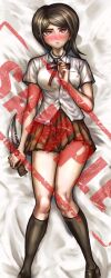 accurate_art_style bed bed_sheet black_hair blush brown_eyes clothed clothing dakimakura dakimakura_design danganronpa danganronpa:_trigger_happy_havoc danganronpa_1 dgrp female_only freckles freckles_on_face knife machete medium_hair mukuro_ikusaba sample_watermark school_uniform skirt straight_hair sweat thighhighs