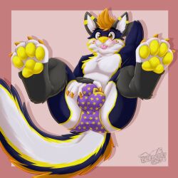 2022 4_toes 5_fingers absurd_res amber_eyes anthro ass bent_legs biped black_eyebrows blep blue_body blue_fur blush border briefs bulge canid canine canis cheek_tuft chest_tuft claws clothing cute_fangs digital_media_(artwork) digitigrade ear_markings eye_shimmer eyebrows facial_markings facial_tuft feet feet_up fingers foot_focus fox front_view fur gaokun gloves_(marking) grey_ears grey_markings hair hand_behind_head hand_on_bulge hand_on_crotch head_markings hi_res hybrid leg_markings legs_up looking_at_viewer lying male mammal markings mostly_nude multicolored_body multicolored_fur multicolored_tail multitoned_body multitoned_fur multitoned_tail neck_tuft on_back orange_claws orange_hair orange_markings pawpads pink_background pink_border pink_tongue presenting_bulge prick_ears purple_clothing purple_underwear sebastian_(flusteredcustard) shadow simple_background smile solo spread_legs spreading tail_markings toe_claws toes tongue tongue_out tuft underwear watermark white_body white_fingers white_fur white_inner_ear white_toes wolf yellow_body yellow_fur yellow_markings yellow_nose yellow_pawpads