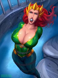 1girls aquaman_(series) ball_gag blue_eyes bondage bound chained chains cleavage dc dc_comics female female_only femsub gag huge_breasts mera red_hair svoidist underwater