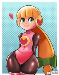 1girls blonde_hair bodysuit capcom flat_chest green_eyes heart helmet_removed looking_at_viewer mega_man mega_man_battle_network pink_clothing pummies rockman rockman_exe roll.exe thick_thighs thighhighs tight_clothing wide_hips