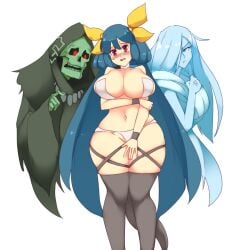 1girls alternate_breast_size angel_wings arc_system_works asymmetrical_wings bare_shoulders black_legwear blue_hair blush breasts cleavage collarbone covering covering_crotch curvy dizzy_(guilty_gear) embarrassed female guilty_gear hair_between_eyes hair_ornament hair_ribbon hair_rings holding_own_arm huge_breasts looking_at_viewer mature_female milf monster_girl navel necro_(guilty_gear) open_mouth panties plump red_eyes ribbon rtil simple_background skindentation solo stomach tail thick_thighs thigh_gap thigh_strap thighhighs thighs twintails underwear undine_(guilty_gear) white_background wide_hips wings yellow_ribbon