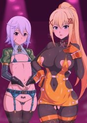 2girls blue_nails breasts brooch cameltoe censored chris_(konosuba) collar covered_nipples crotchless darkness_(konosuba) earrings fishnets gloves gozaru heart_censor huge_breasts kono_subarashii_sekai_ni_shukufuku_wo! large_breasts latex lowleg lowleg_panties nail_polish prostitution pubic_tattoo pussy_juice revealing_clothes slutty_outfit small_breasts tattoo thick_thighs